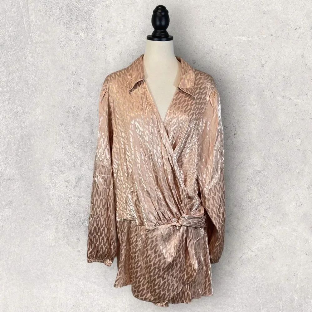 ASOS River Island Faux Wrap Top Pink Champagne Print, Size 22